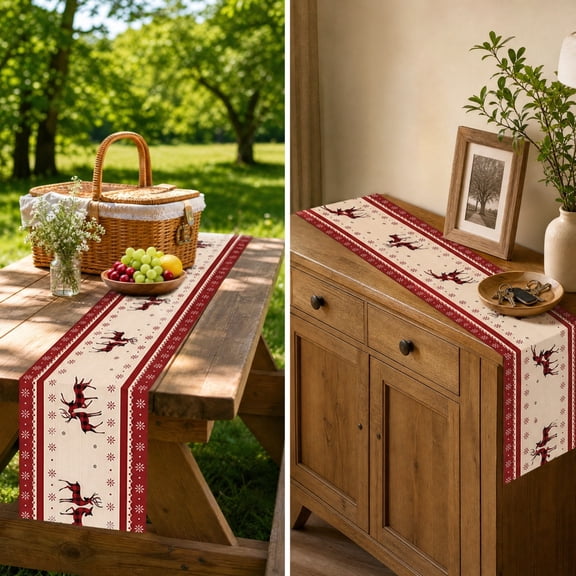 Christmas Table Runner, Holiday Border Dresser Runner, Festive Dining Table Linen Centerpiece Decor Strip for Mantel and Party Buffet