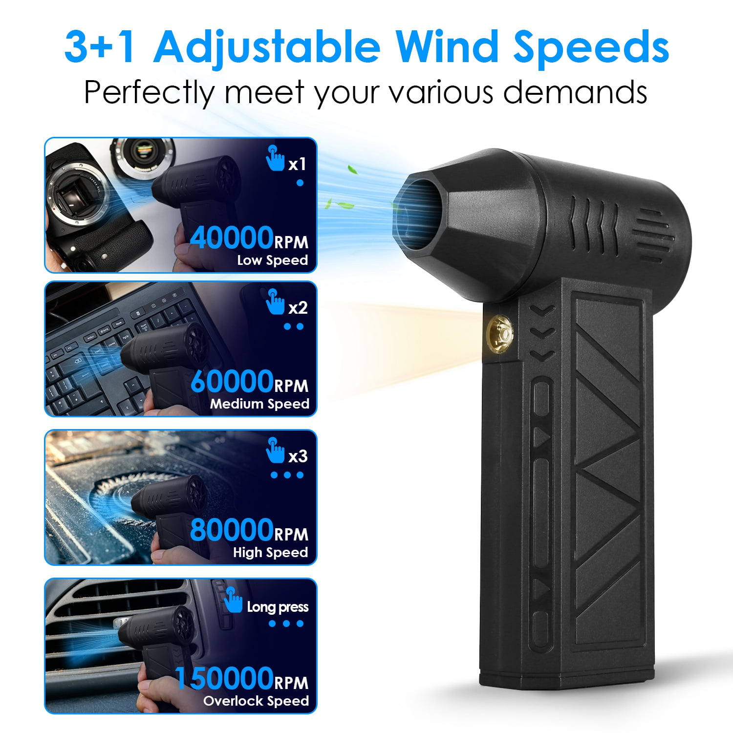 iMounTEK 4 Gear Compressed Air Duster 150000RPM Electric Air Duster with LED Light Cordless Air Blower for Keyboard Electric Devices Cleaning