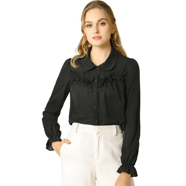 Blusa Camisa Tops Con Botones Manga Larga Puño Elástico Detalle De Volantes Para Mujeres Negro XS