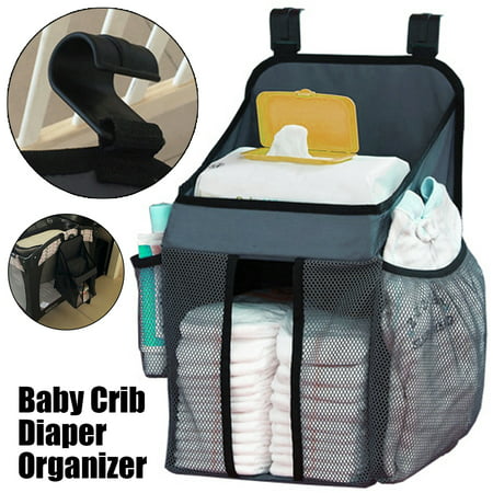 Hanging Crib Organizer, Large Capacity Hanging Diaper Caddy Nursery Bag Crib Diaper Organizer for Diapers Wipes Baby Storage - Gray