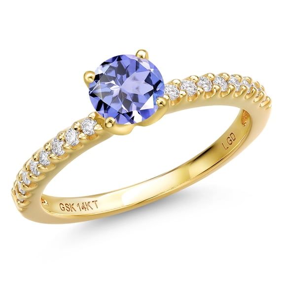 Gem Stone King 14K Yellow Gold Blue Tanzanite and Lab Grown Diamond Engagement Ring for Women | 0.62 Cttw | Round 5MM | Gemstone December Birthstone | Size 8