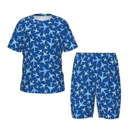 Salouo Airplanes in the Sky Pattern Short-Sleeved Pajamas Set for Children Kid s Summer Short Set Round Neck Pjs Set 2pcs Toddler Clothes Fit for Boys Girls-X-Large