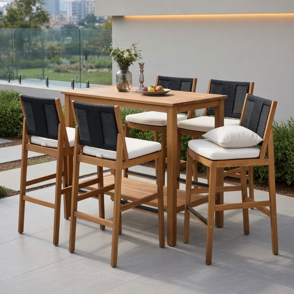 Topcobee Set of 2 Outdoor Bar Stools, Teak-Finish Acacia Wood with Cream Water-Repellent Cushions & Black Wicker Backrests, Bar Height (28" Seat), for Patio, Poolside & Kitchen Island