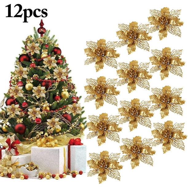 Outgeek Decoraciones para árboles de Navidad, 12 Piezas Juego de Adornos para árboles de Navidad Deco Flores navideñas Artificiales con Purpurina para Decoraciones navideñas para Fiestas de Bodas