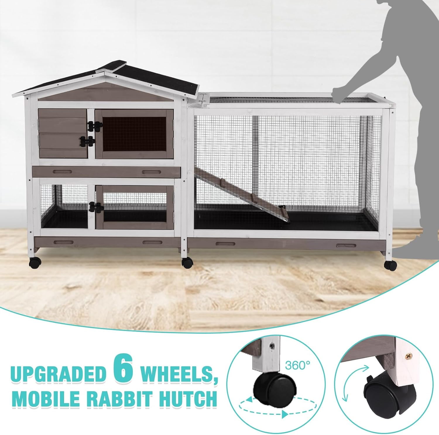 Aivituvin 62" Rabbit Hutch with Chew-Proof Ramp & Waterproof Roof - Indoor/Outdoor Bunny Cage, 2-Story Design, 6 Lockable Caster Wheels & Dual Pull-Out Trays (Brown)