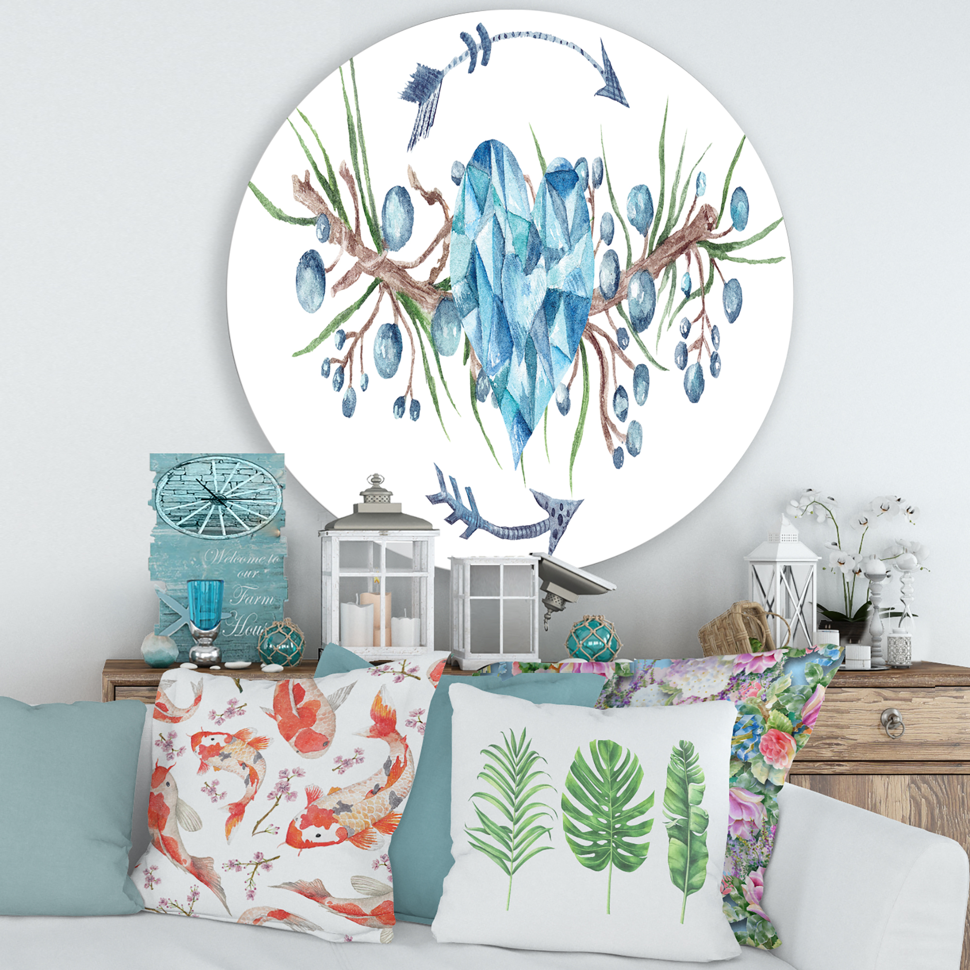 Designart 'Fresh Tribal Vignette Wild Forest Wreath Design On White II' Traditional Circle Metal Wall Art 29x29 - Disc of 29