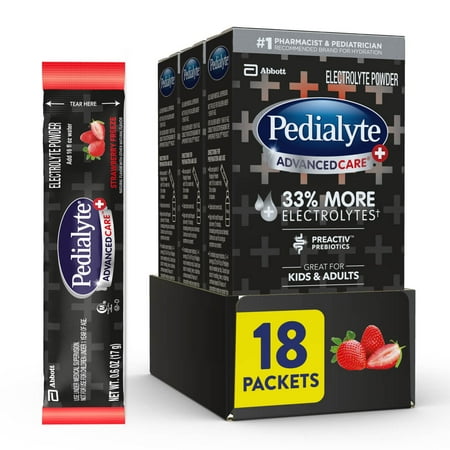 Pedialyte AdvancedCare Plus Electrolyte Powder  with 33% More Electrolytes and PreActiv Prebiotics  Strawberry Freeze  Electrolyte Drink Powder Packets  0.6 oz  18 Count((Use By/09/01/2025)) 