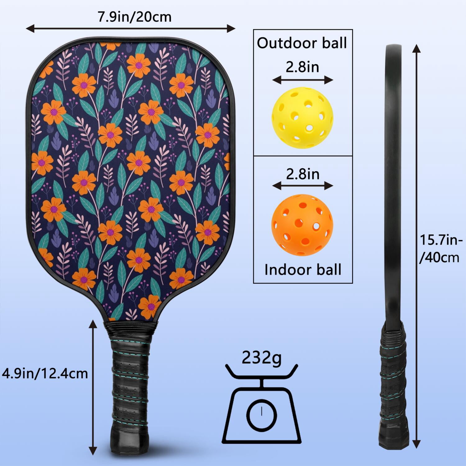 Pickleball Paddles Set,Pioneer Flower Floral Print Pattern Fiberglass Surface Pickleball Racket Set with 2 Indoor Outdoor Pickleball Balls and Pickleball Bag,Pickle-ball Equipment