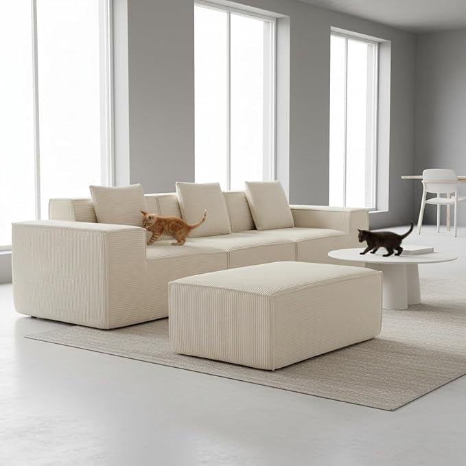 US Pride Corduroy Sectional Couch with Ottoman & Pillows