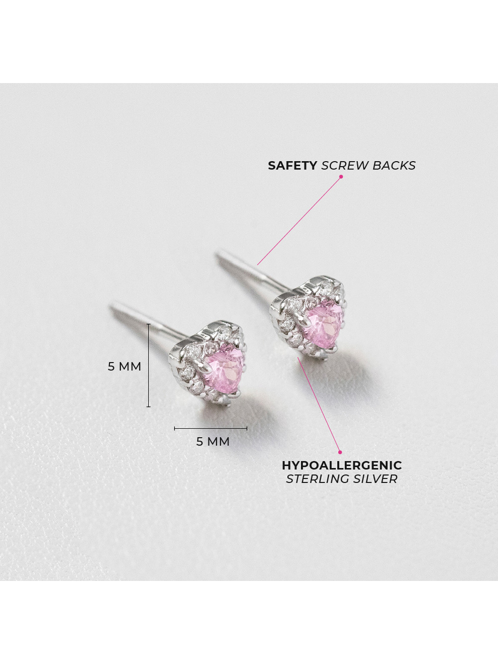 925 Sterling Silver 5mm Pink & Clear CZ Heart Toddler Girls Screw Back Earrings
