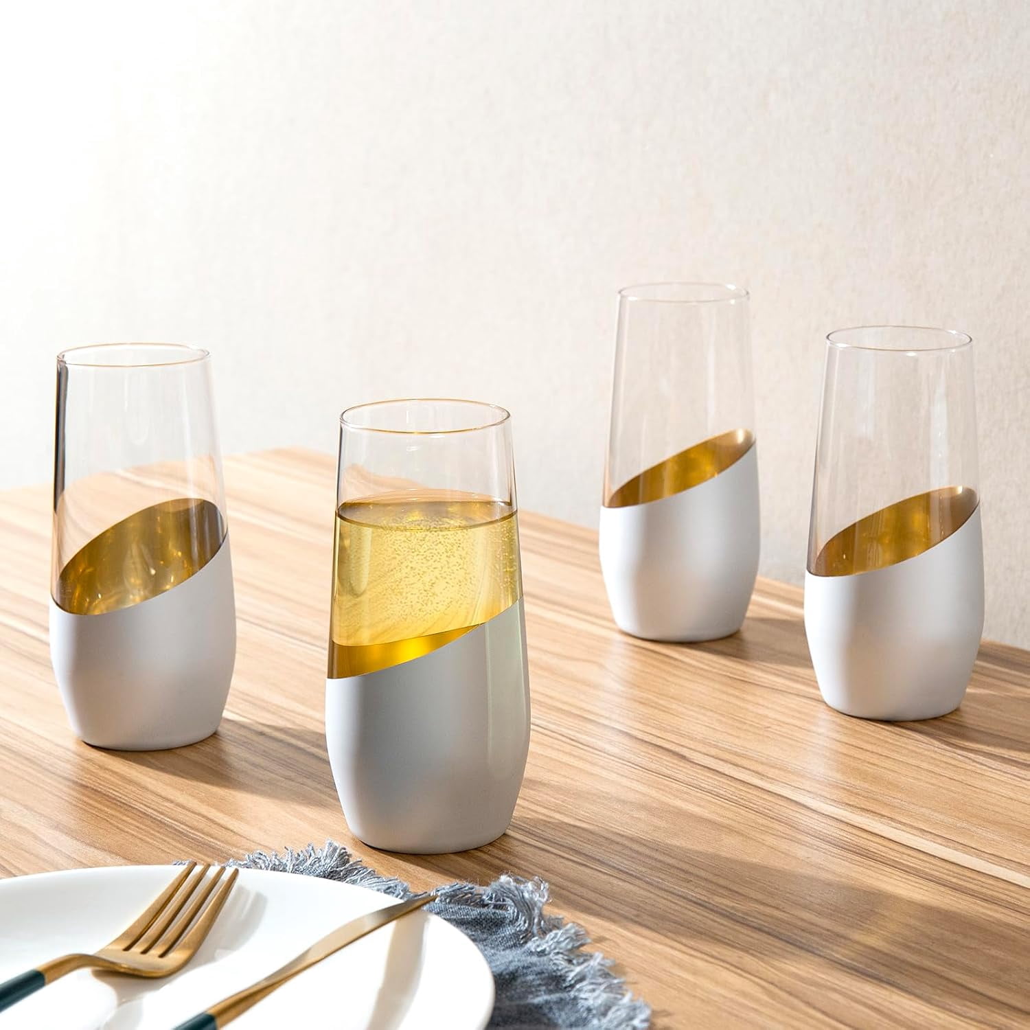 MyGift Set of 4 Stemless Champagne Flutes 11 oz Clear Glass Modern Toasting Glasses for Weddings Parties Home Bar Sparkling Wine Mimosa Drinkware Elegant Entertaining