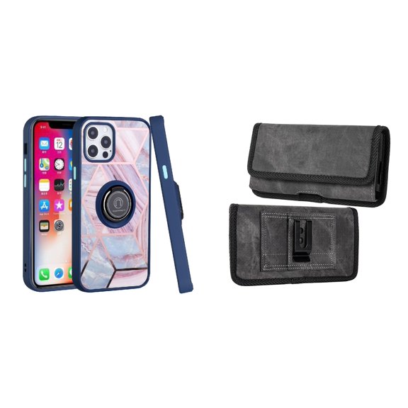 Bemz Ring Series Case for iPhone 14 (TPU Silicone Cover with Magnetic Stand) and Rugged Denim Nylon Belt Holster Pouch (Blue on Pink Marble/Grey)