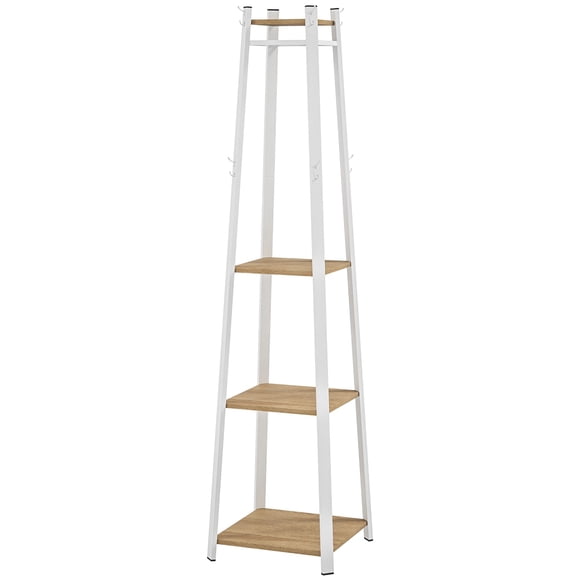 Oak Clothes Rack with Storage & Hooks - Corner Garment Rack for Entryway, Bedroom - 16.5" x 16.5" x 66.9" - Stylish Clothes Stand
