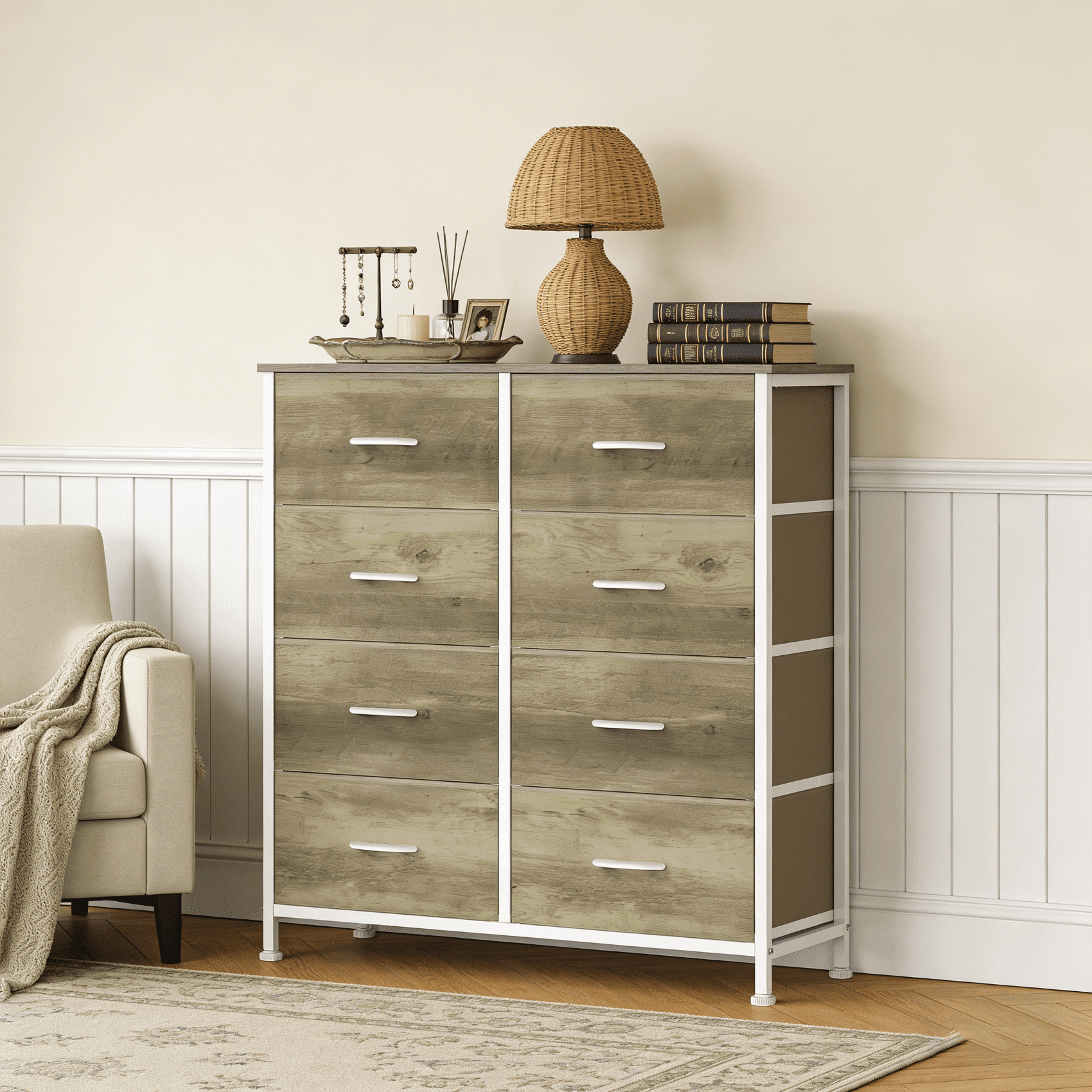 Aidoly 8-Drawer Wide Fabric Storage Dresser with Wooden Top - Space-Saving Bedroom & Closet Organizer, Greige Oak