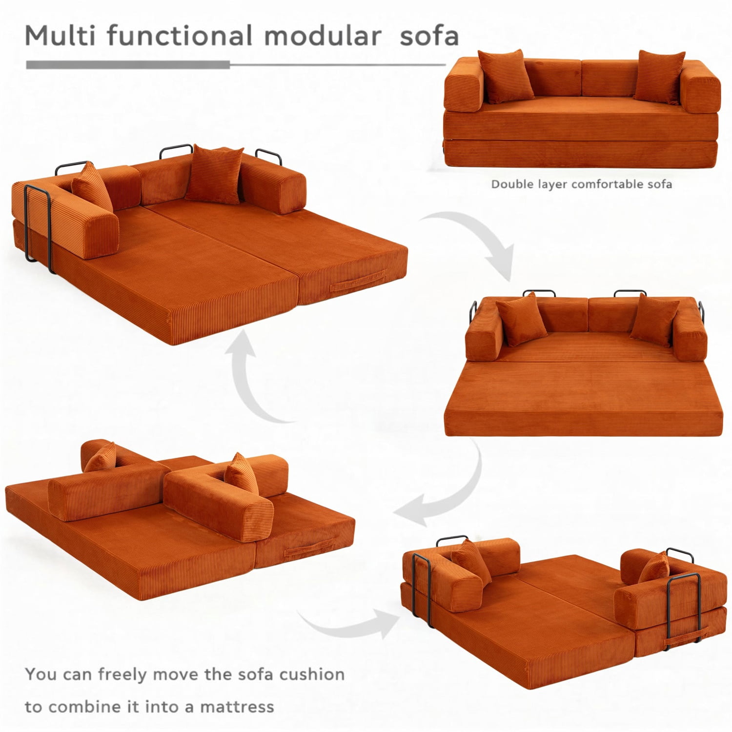 Hommoo Versatile Corduroy Fabric Full Foam Modular Compressed Sofa Couch Bed Sleeper with Multiple Layout Options, Orange