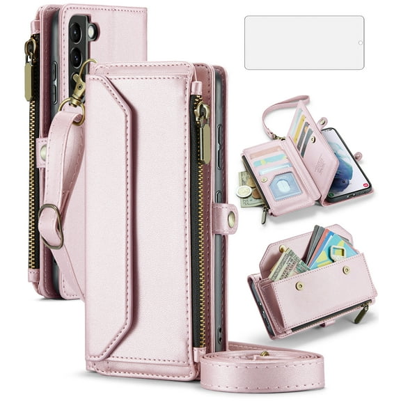 Compatible with Samsung Galaxy S21 Plus S21 5G Zipper Wallet Phone Case Tempered Glass Screen Protector Crossbody Lanyard Strap Flip Card Holder Slot Cell Cover for S21 5G S21plus 21 Women Rose Gold