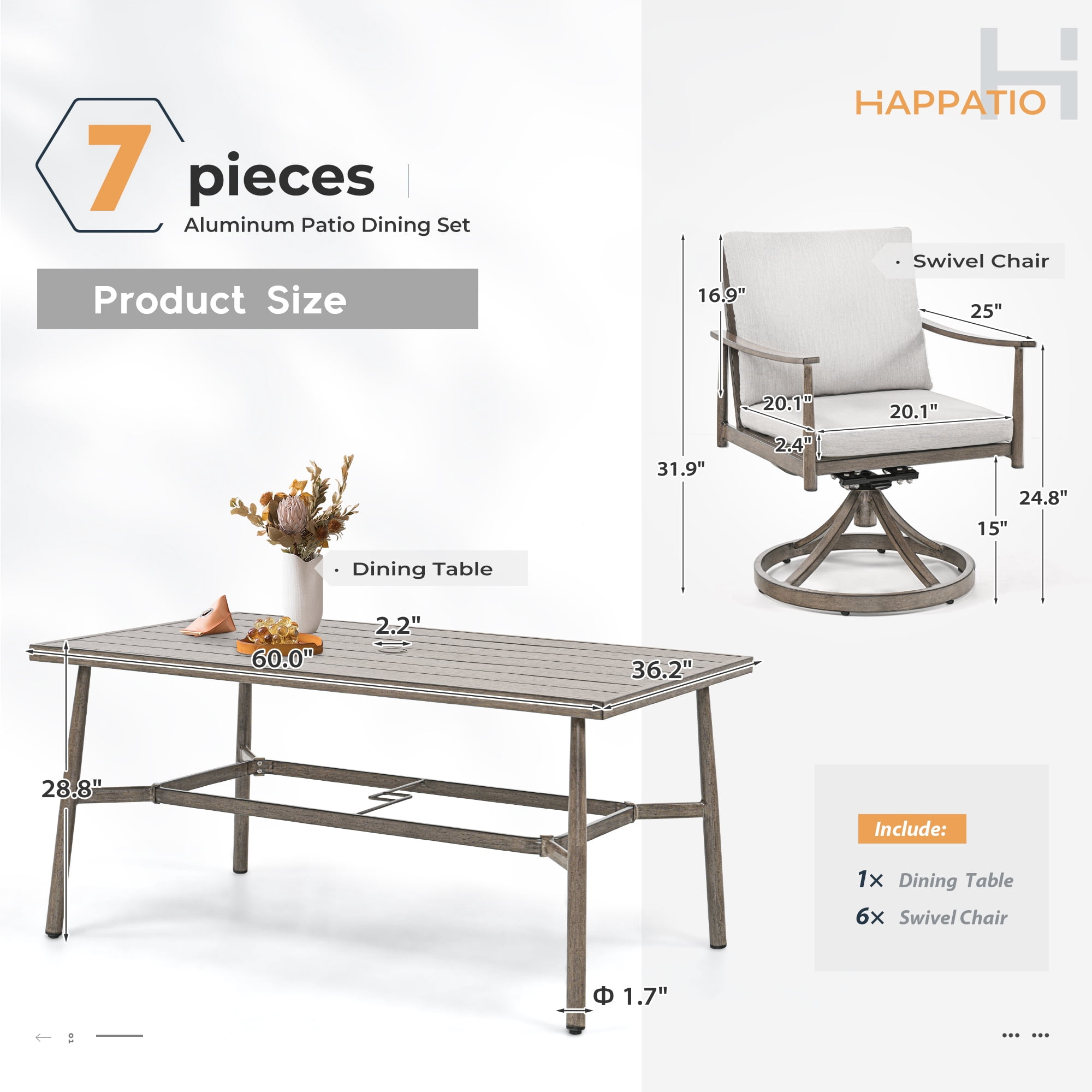 HAPPATIO 7-Piece Outdoor Dining Set for 6, Aluminum Patio Dining Setcludes 6 Swivel Dining Chairs and 1 Large Rectangular Table with Umbrella Hole, Patio Furniture Set for Lawn, Porch, Grey