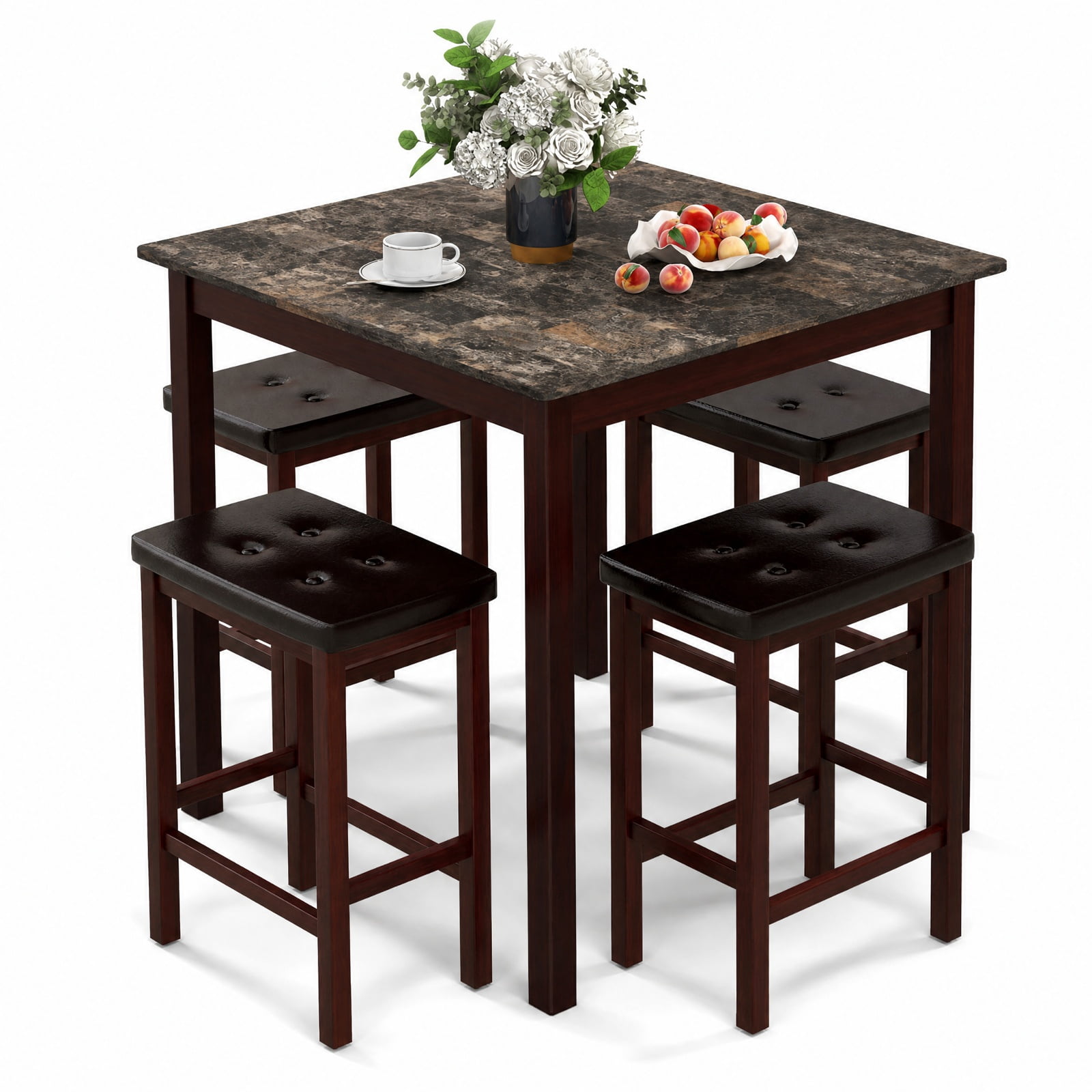 Furnibear 5 Piece Counter Height Bar Table Set with Dining Table and 4 Bar Stools with Rubber Wood Legs for Kitchen Breakfast Nook Seating, Brown
