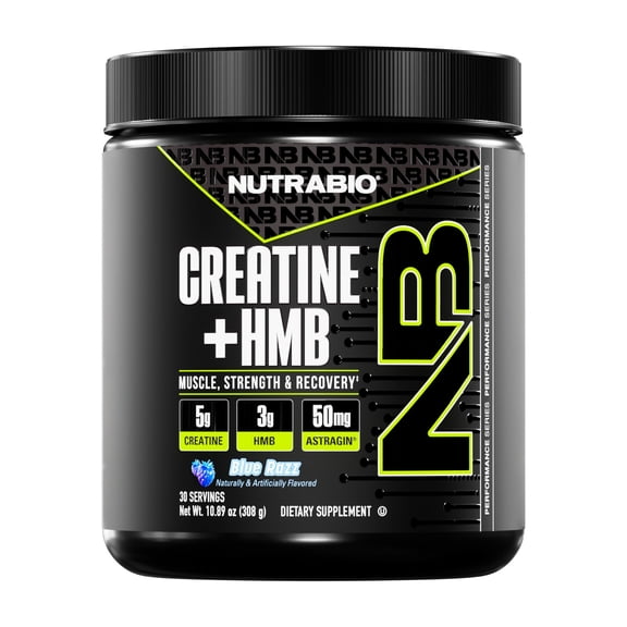 NutraBio Creatine HMB- Creatine Monohydrate with HMB Powder for Muscle Growth, Increased Strength- 30 Servings (Blue Razz)