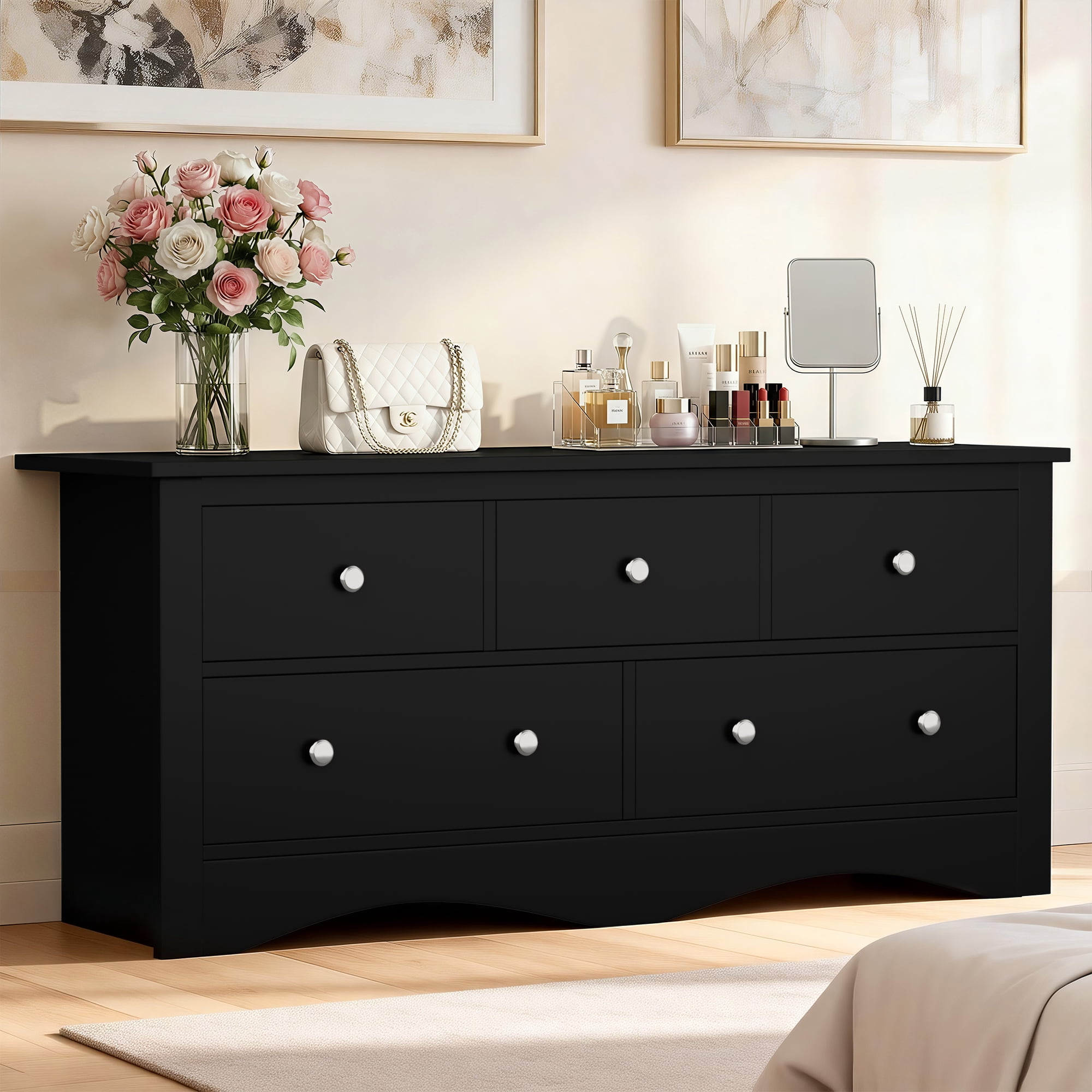Homall 5 Drawer Double Dresser, Modern Wood Chest of Drawer for Living Room Bedroom,Black