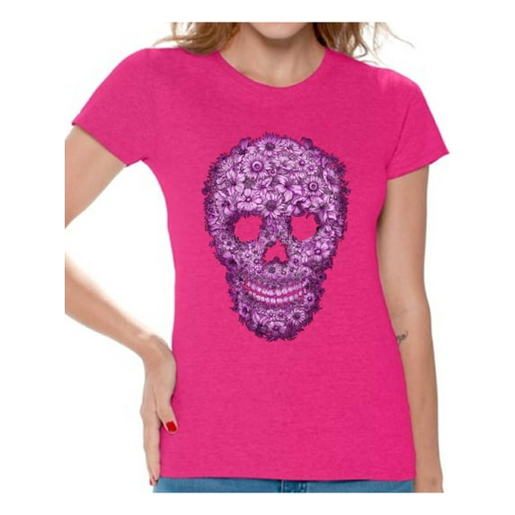 Awkward Styles Flower Skull Tshirt for Women Floral Sugar Skull Shirt Sugar Skull Shirt Day of the Dead T Shirt for Women Dia de los Muertos Gifts for Her Halloween Outfit Sugar Skull Flowers T-Shirt