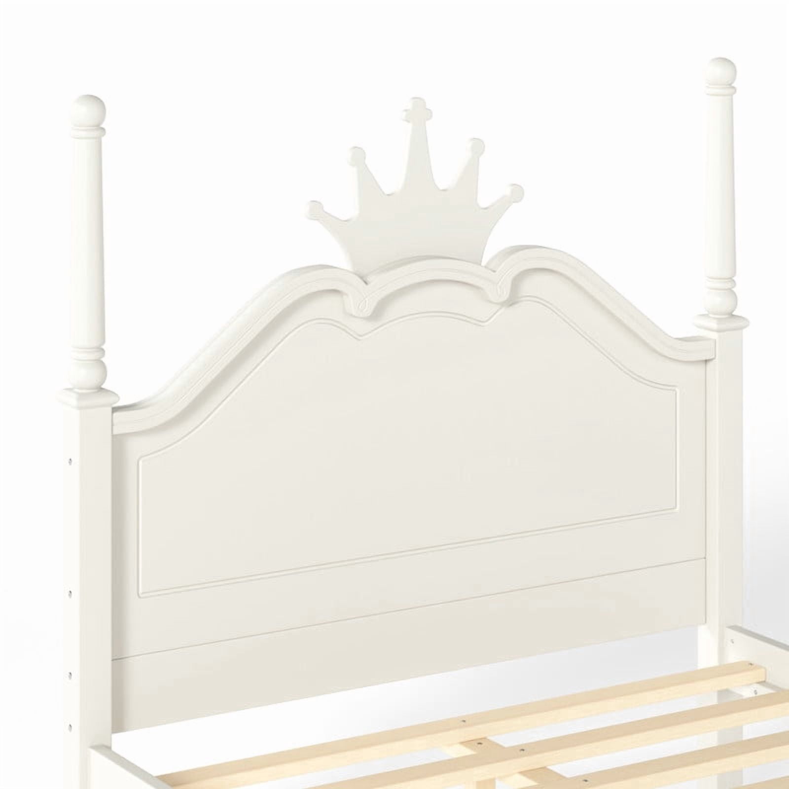 Full Size Kids Low Profile Platform Bed, Curved Footboard Four Poster Bed, Wooden Princess Bed Frame with Crown Shaped Headboard