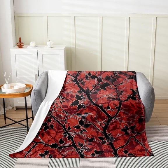 Red Camouflage Throw Blanket with Soft Sherpa Lining for Couch and Bed