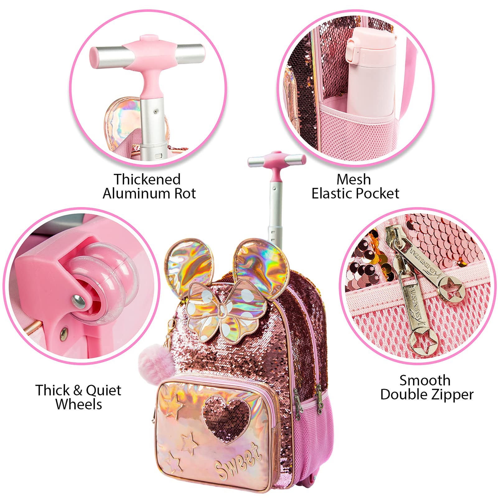 lvyH Women Girls 3 in 1 Pink Sequins School Rolling Backpack Student With Lunch Pencil Bag Crossbody Durable Bookbag Daypack Travel Outdoor