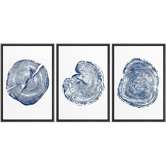 wall26 Framed Wall Art Print Set Blue and White Wood Grain Rings Nature Wilderness Digital Art Modern Art Rustic Scenic Colorful for Living Room, Bedroom, Office - 24"x36"x3 Black