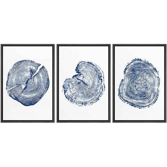 wall26 Framed Wall Art Print Set Blue and White Wood Grain Rings Nature Wilderness Digital Art Modern Art Rustic Scenic Colorful for Living Room, Bedroom, Office - 24"x36"x3 Black