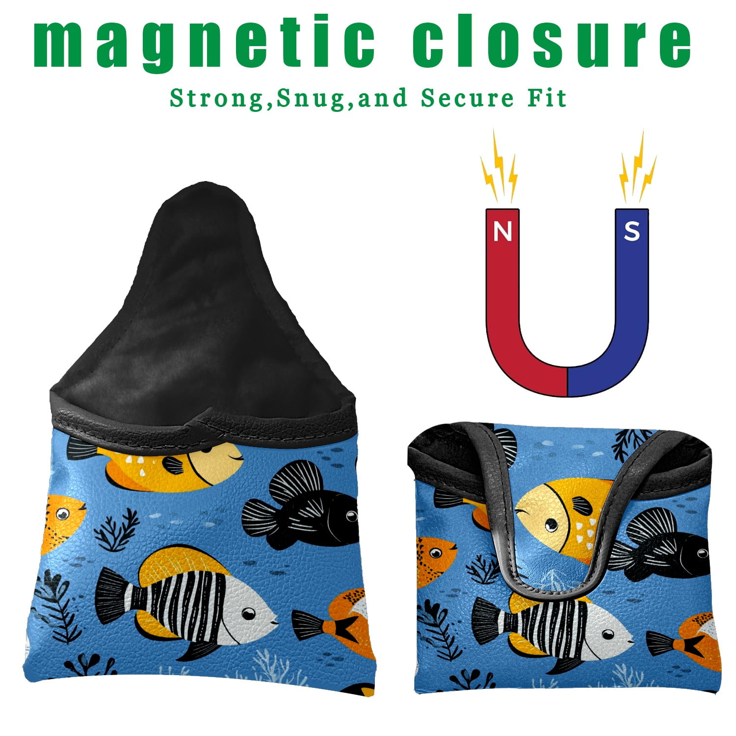 Golf Mallet Putter Cover Premium Leather Waterproof Golf Putter Head Cover with Magnetic Closure Cartoon Tropical Fish