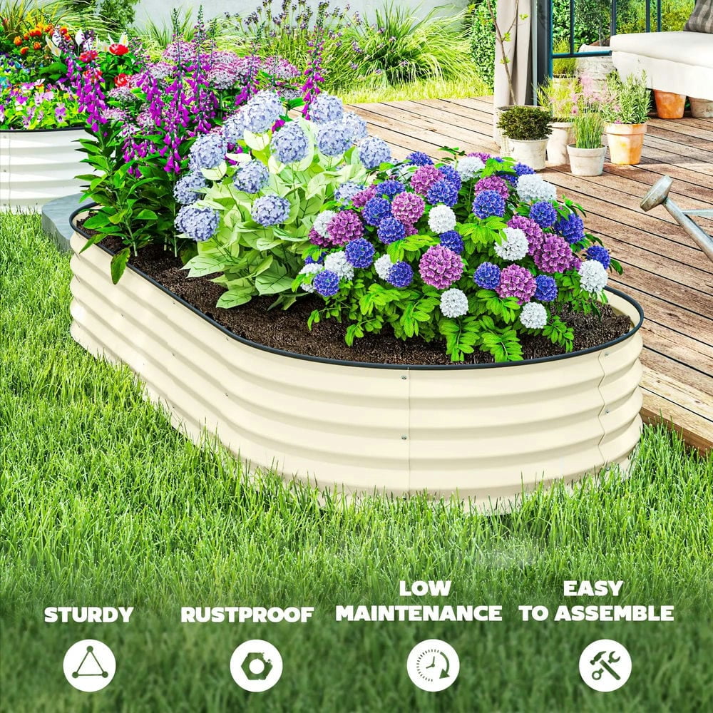 Spaco 7' x 3' x 1' Raised Garden Bed Set, 2-Piece Raised Beds for Gardening with Metal Plant Stakes, Cream White
