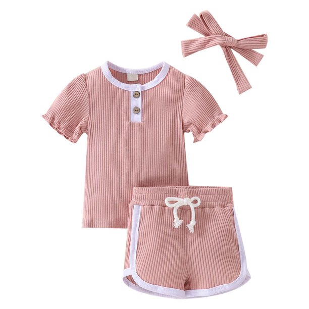 Ropa De Bebé (Niño O Niña) Traje De Niño Pequeño Verano Acanalado De Manga Corta Top Con Botones Pantalones Cortos Diadema Conjunto De Tres Piezas Rosa Odeerbi LM103-10270
