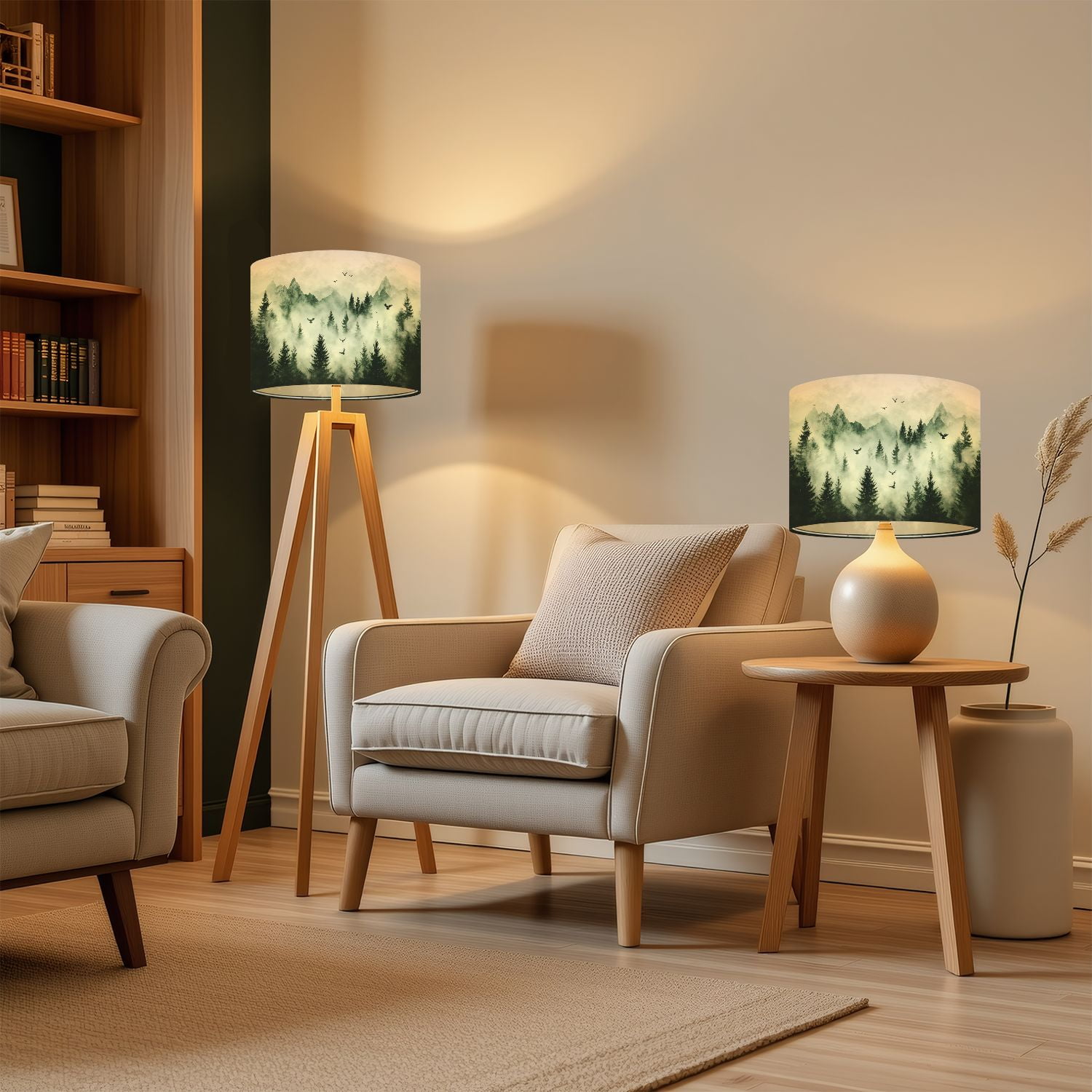 Lampshades 2 Pack Printing Forest Rustic Farmhouse Deer Mountain Trees Fog Birds 13"x13"x10" Light Shade for Table Lamps Floor Lamps Drum Lamp Shades Lampshade Replacement Easy Assembly