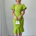 thumbnail image 5 of Trendy SMihono Women's 2025 Sexy Bodycon Dress Elegant Solid Color Puff Short Sleeve with Ruffle Hem Dress Going Out Knee Length Dresses Green M, 5 of 9