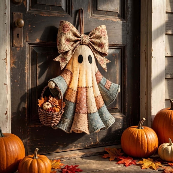 Vintage Halloween Decor, Patchwork Ghost Door Hanger Rustic Farmhouse Halloween Ghost Hanging Decor Front Door & Porch Wall Decoration for Indoor Outdoor Display