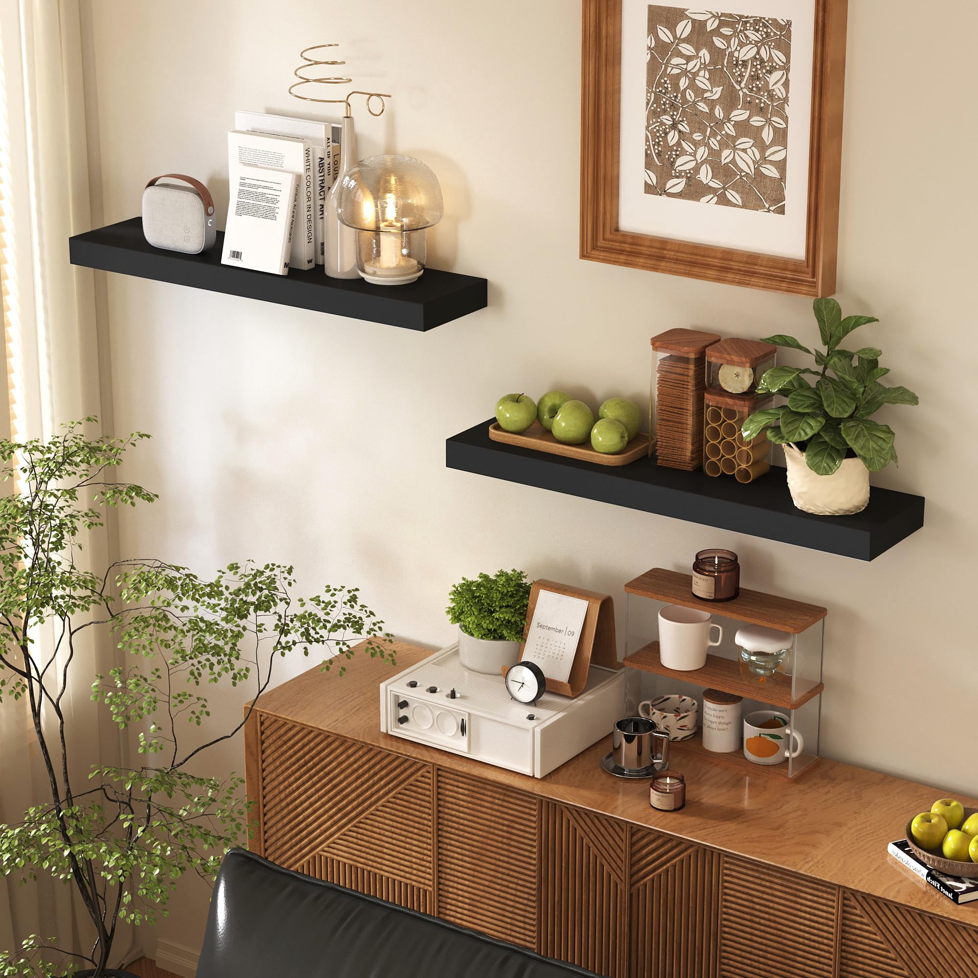 Floating Shelves Wall Mounted Wooden With Invisible Brackets Set Of 2  Hanging Decor For Bedroom Bathroom Living Room And Kitchen