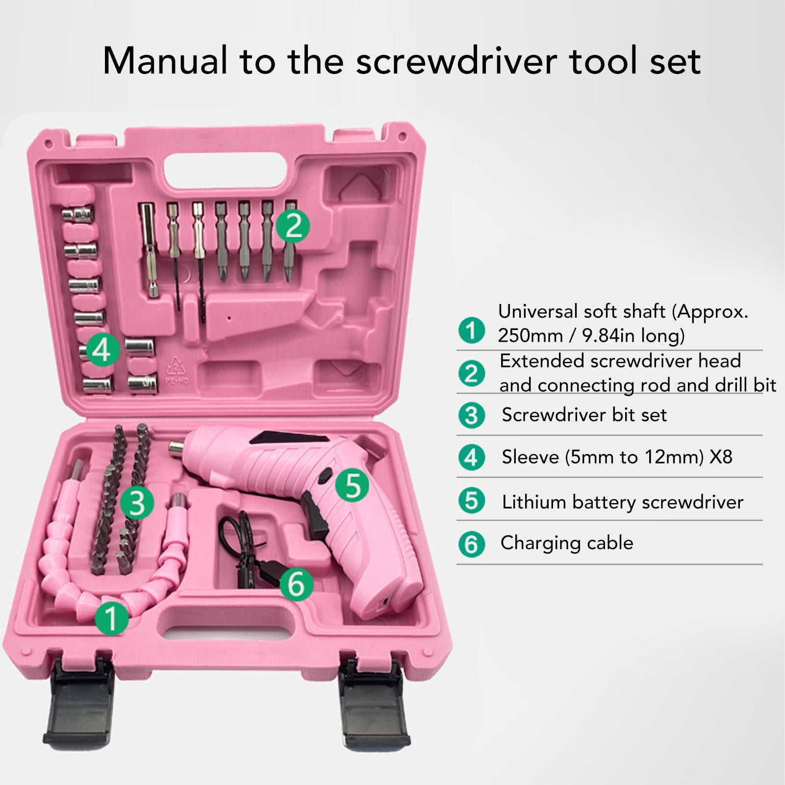 Yajisi Electric Screwdriver Set 48PCS Pink Cordless Power Drill USB Rechargeable 180 Degree Rotatable with LED Light for Home Repair Maintenance 9.8 x 7.5 x 2.8 in