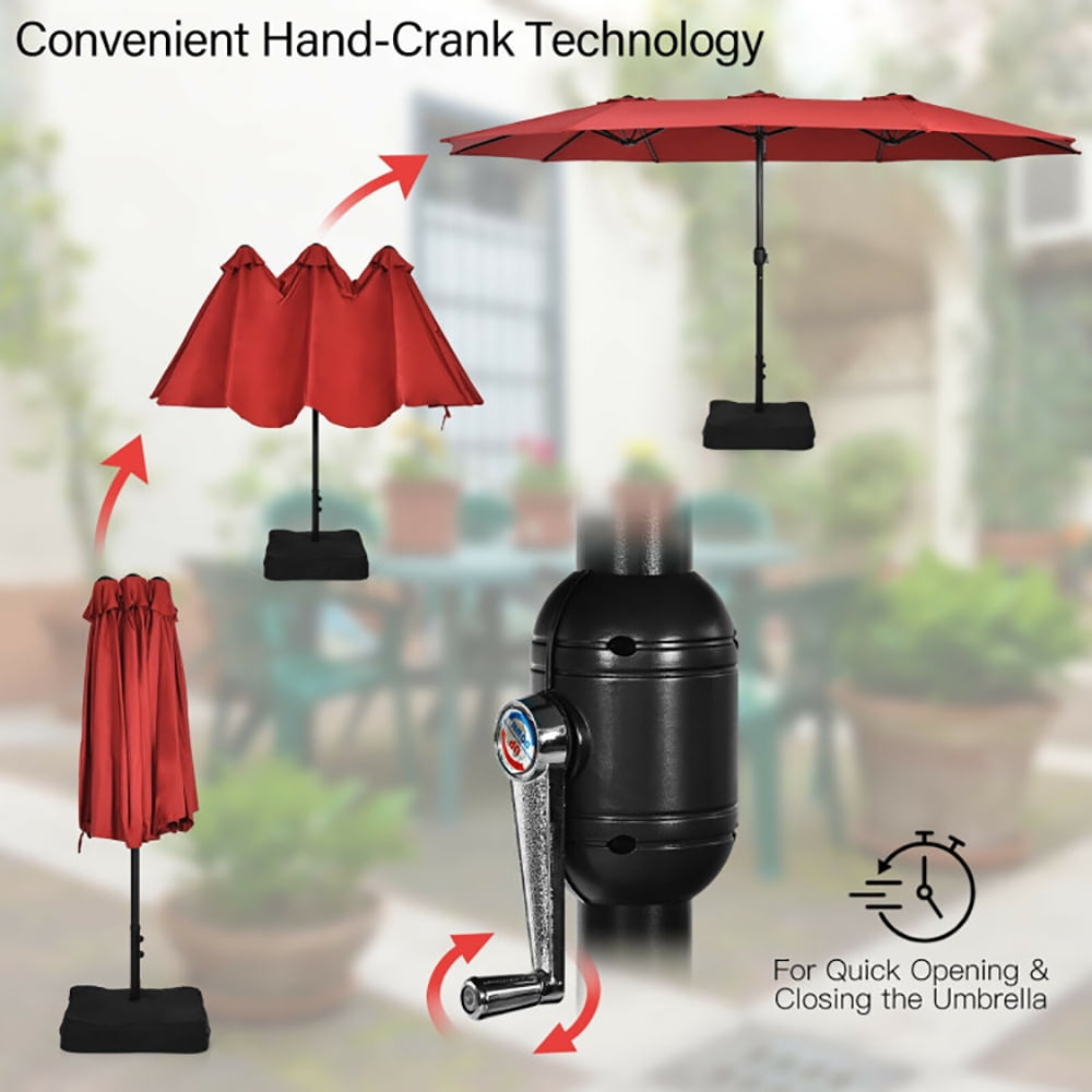Aimee Lii 15 Feet Double-Sided Twin Patio Umbrella with Crank and Base, Sunbrella Patio Umbrellas, Red Aimee Lii 15 Feet Double-Sided Twin Patio Umbrella with Crank and Base, Sunbrella Patio Umbrellas, Red