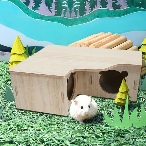 Cheer.US Natural Wood Multi-Room Hamster Hideout for Small Animal, Gerbils Chamber Hut with Ladder Habitats Decor for Dwarf Syrian Hamsters Mice and Other Small Pets