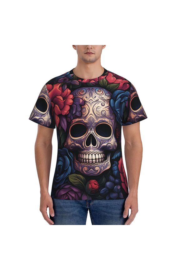 Workout T-Shirt Muscle Fit Athletic Tee Short Sleeve Shirt Gym Running, Gothic Skull Day Of The Dead Art