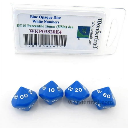 Blue Opaque Dice with White Numbers DT10 16mm (5/8in) Pack of 4 Wondertrail