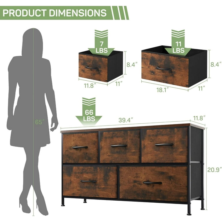 HLL Dresser for Bedroom, 5 Storage Drawers, Anti-Tip Wide Fabric Closet  Chests Organizer Tower Furniture with Wooden Top Metal Frame for Clothes,  Living Room, Hallway, Entryway - Walmart.com