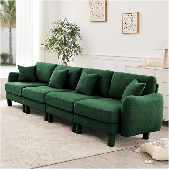 JERFIT Modern Boucle Fabric Sofa, 4-Seater Couch with Shell-Shaped Armrests & Cozy Upholstery for Living Room, Green