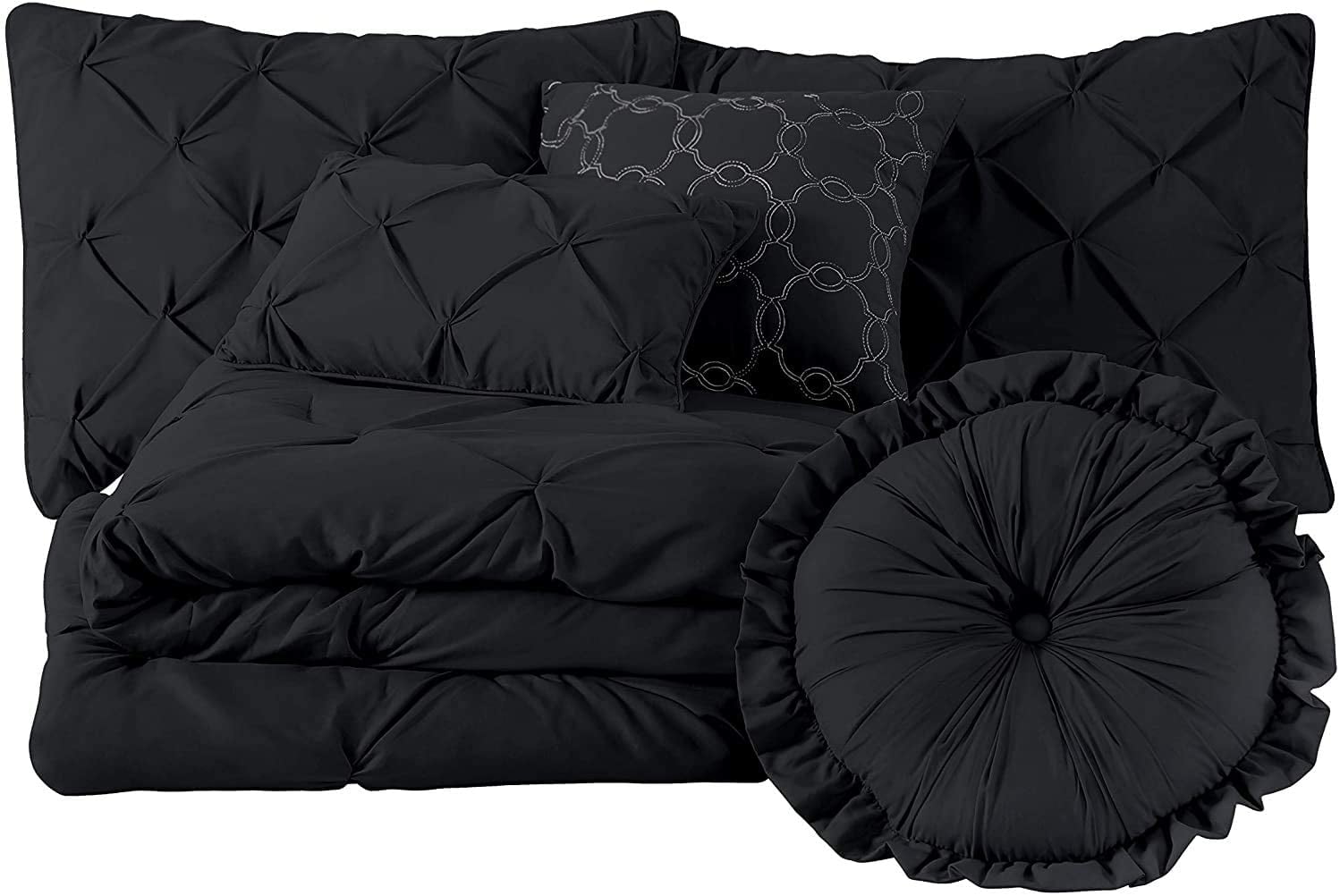 Chezmoi Collection Sydney 7-Piece Pinch Pleat Comforter Set, Lightweight Pintuck Bedding for All Season, Extra Wide King, Black