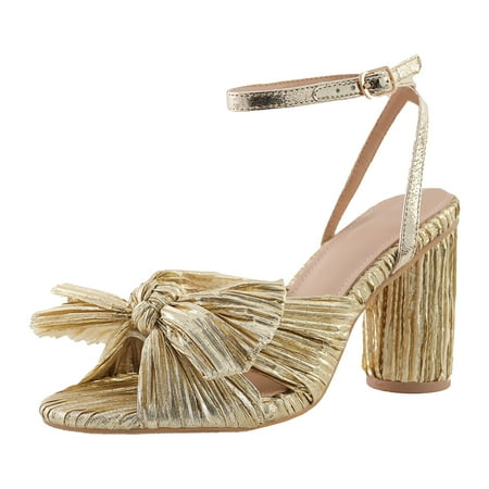 

CLZOUD Walking Sandals Women Gold Women s Summer Thick Heel High Heel Bow Crossborder Large Size Sandals 39