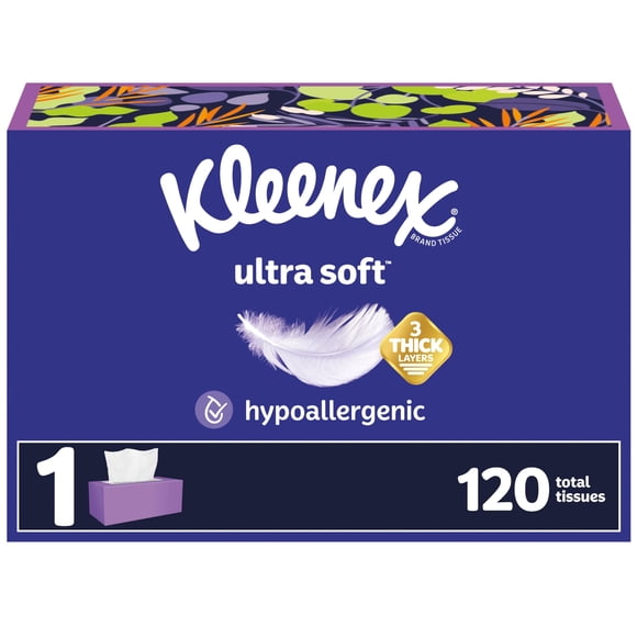 Kleenex Mouchoirs pour le Visage Ultra Doux, 1 Boîte Plate, 120 Mouchoirs par Boîte, 3 Épaisseurs, l'Emballage Peut Varier