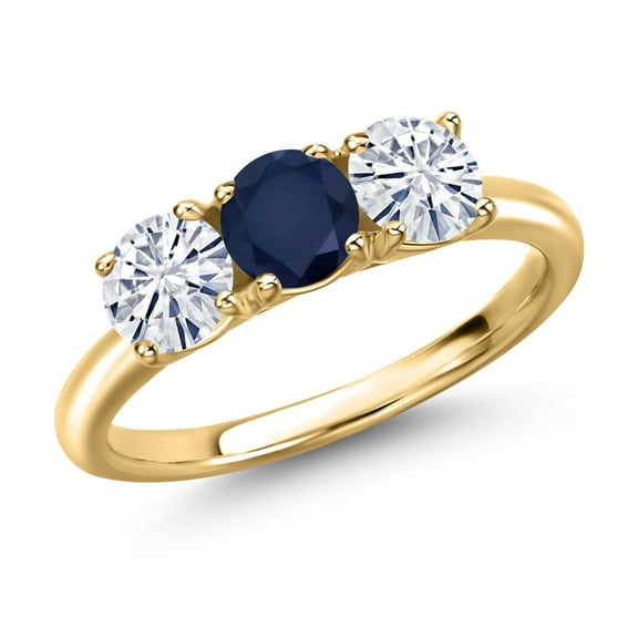 Gem Stone King 18K Yellow Gold Plated Silver Blue Sapphire and White Moissanite Engagement Ring for Women | 1.60 Cttw | Round 5MM | Gemstone September Birthstone | Size 6