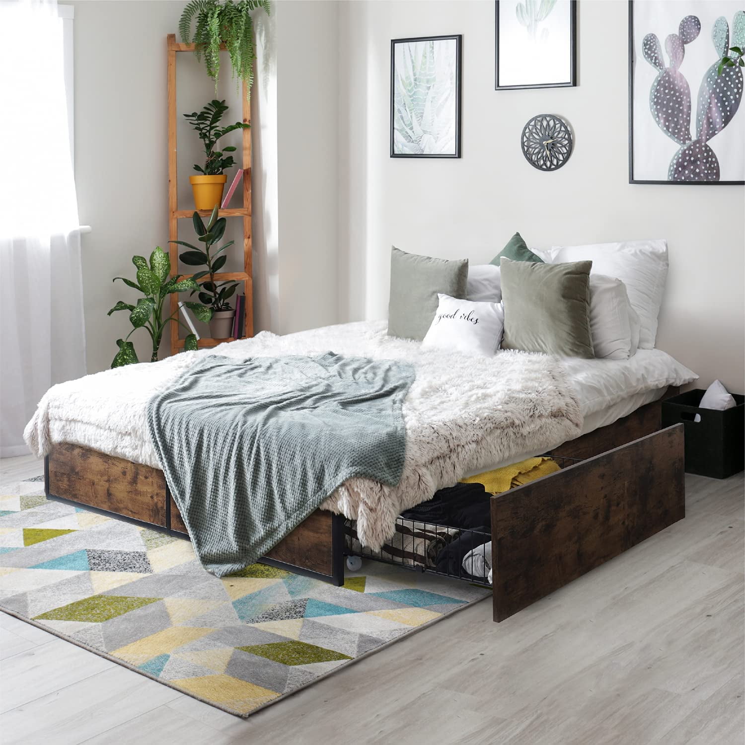 CAPHAUS Industrial Metal Storage Bed Frame with 4 Drawers, Mattress Foundation with Metal Slat