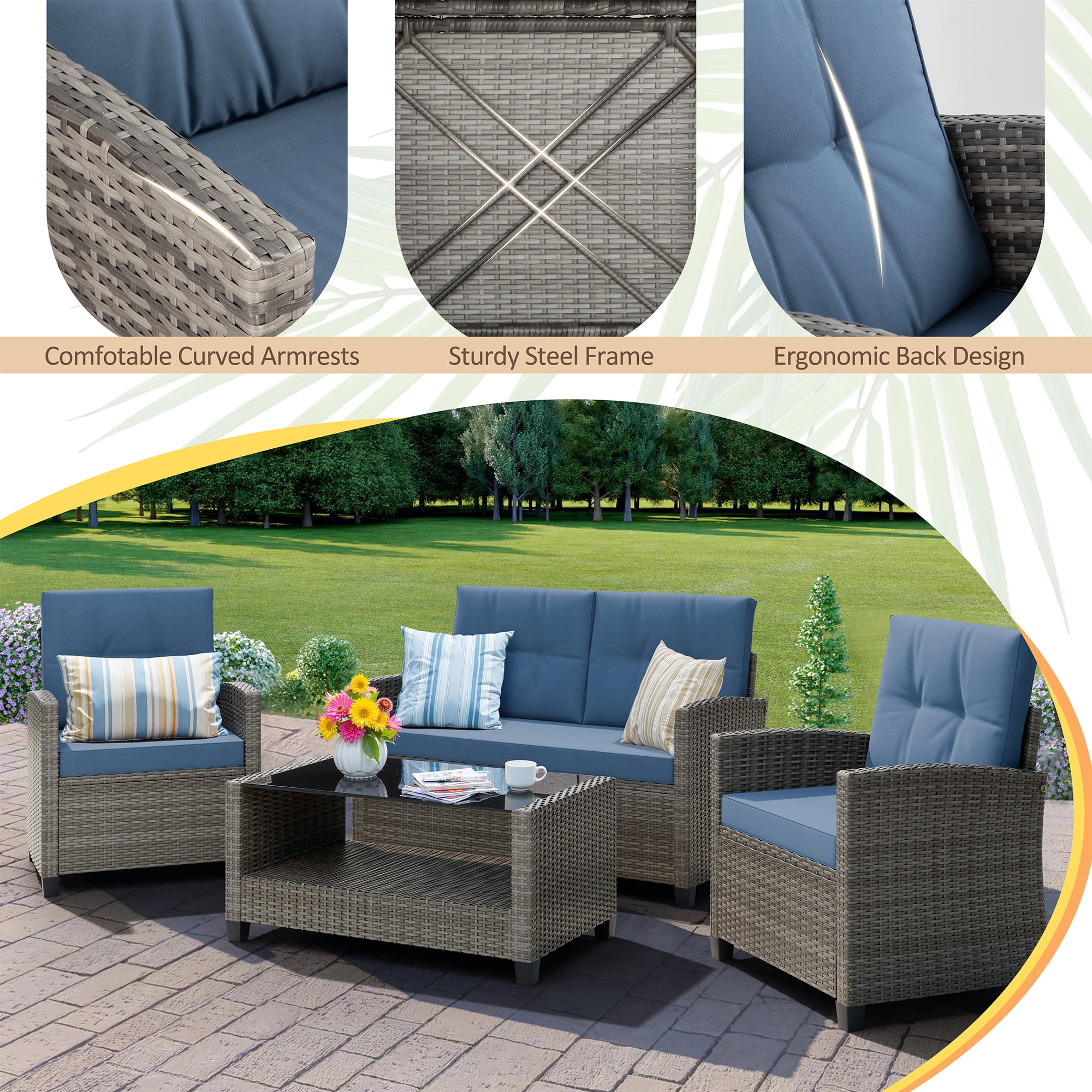 Walsunny 4 Pieces Outdoor Sectional Conversation Wicker Patio Furniture Set with Cushion Table for Backyard,Porch,Garden,Poolside Balcony,Gray